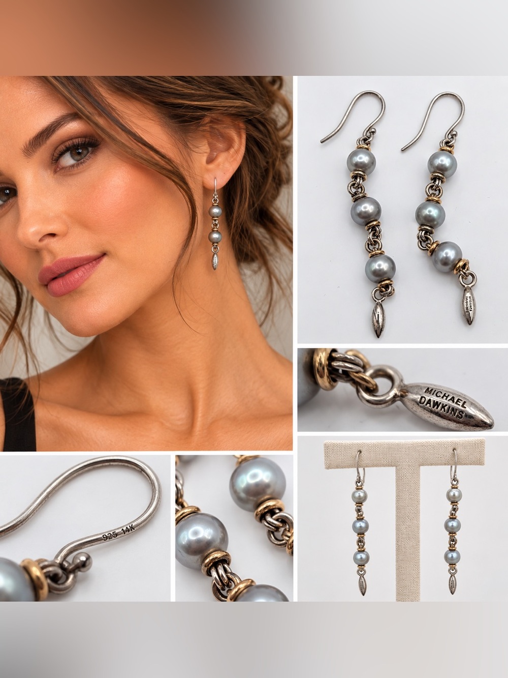 Michael Dawkins 925 Sterling Silver 14K Gold Accent Gray Pearl Drop Earrings